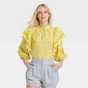 Who What Wear Yellow Patterned Ruffle Blouse
